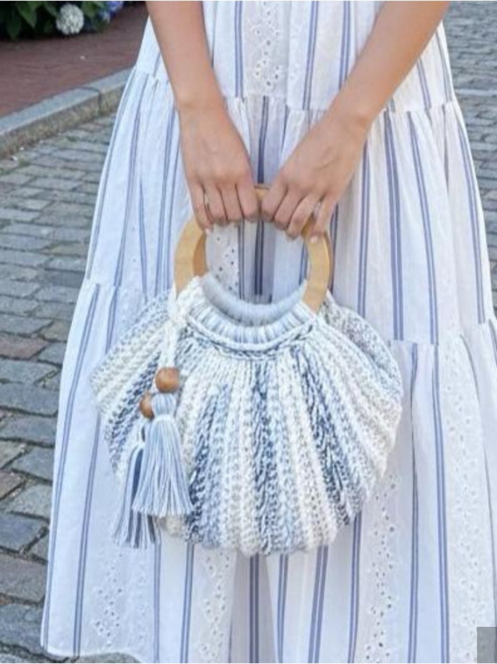 Hand Crafted White & Light Blue Crochet Maxi Bag with Wooden Handles